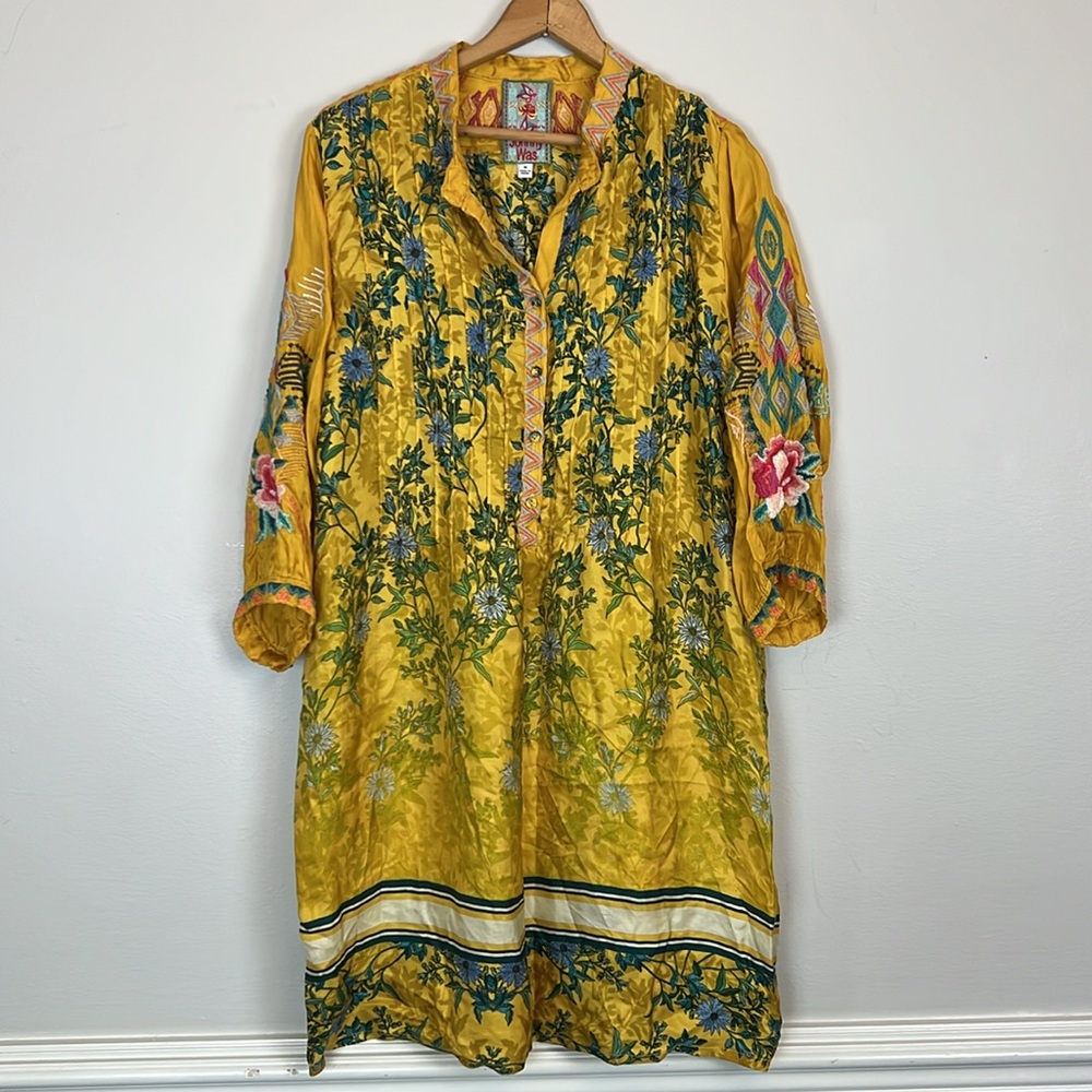 Johnny Was Mustard Floral Embroidered Dress